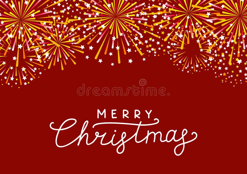 Golden fireworks border on red background - greeting card for Christmas design