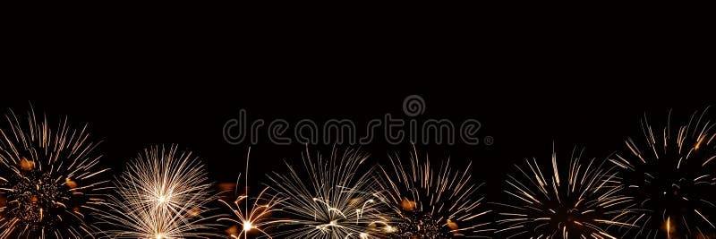 Golden fireworks panoramic background with copyspace, new year holiday night party web banner
