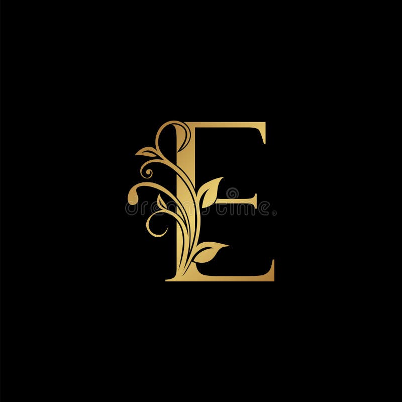 Golden floral letter E logo Icon, Luxury alphabet font initial vector design isolated on black background vector illustration