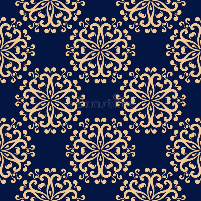 Golden floral seamless pattern on blue background