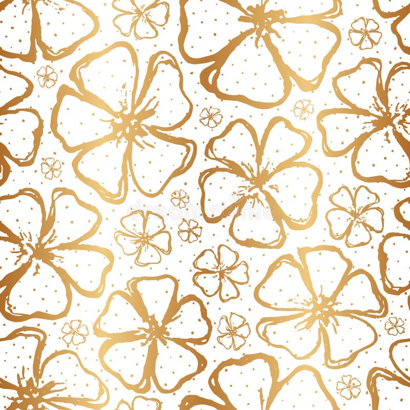 Golden floral seamless pattern. Gold spring background. Summer texture. Hand drawn flowers. Design flower for wallpapers, wrapping