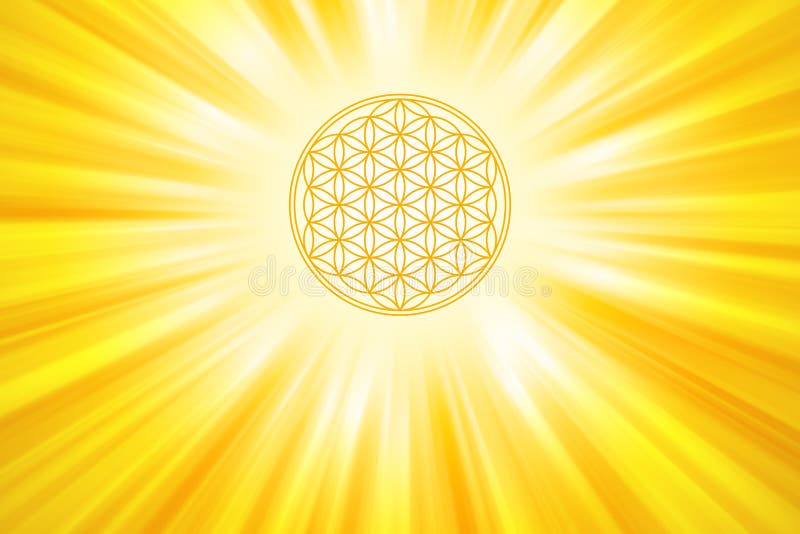 Golden Flower of Life with sun rays background vector illustration
