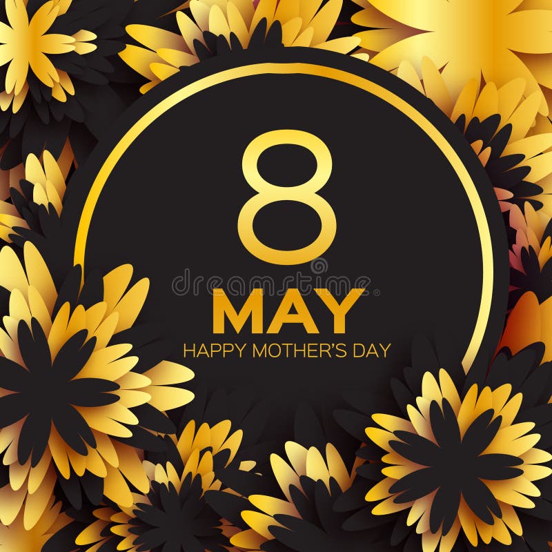 Golden foil Floral Greeting card - Happy Mother s Day - Gold sparkles holiday black background with paper cut Frame Flowers