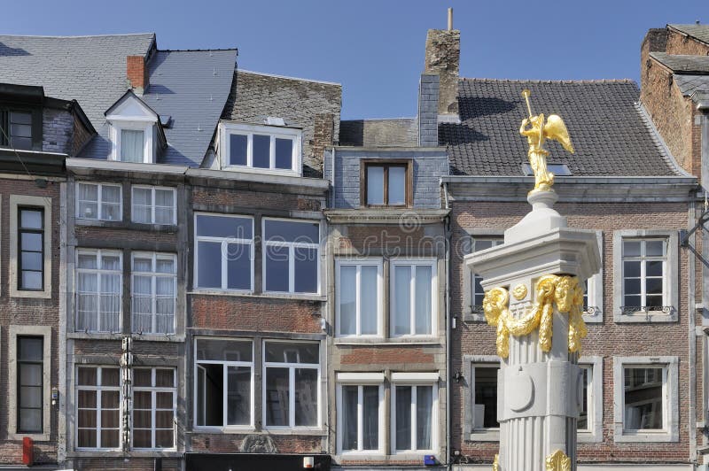 Golden fountain and old facades, namur