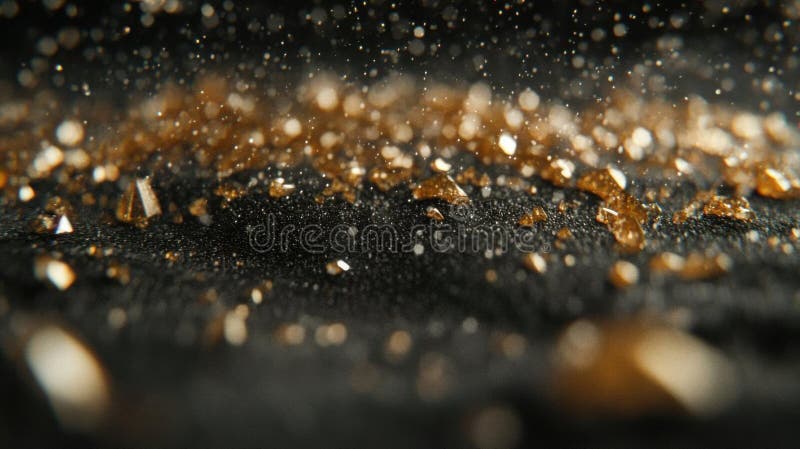 Golden Fragments On Black Surface With Sparkling Light. Festive Backdrop stock illustration