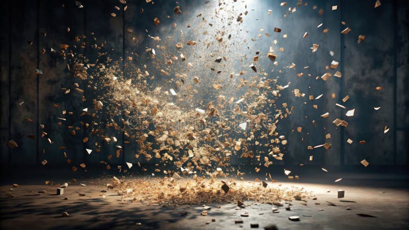 Golden fragments exploding in a dramatic light show, suspended in mid-air, creating a stunning visual spectacle of shimmering vector illustration