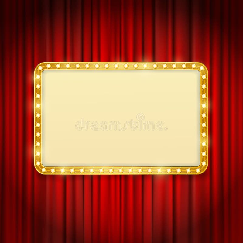 Golden frame with light bulbs on red curtains