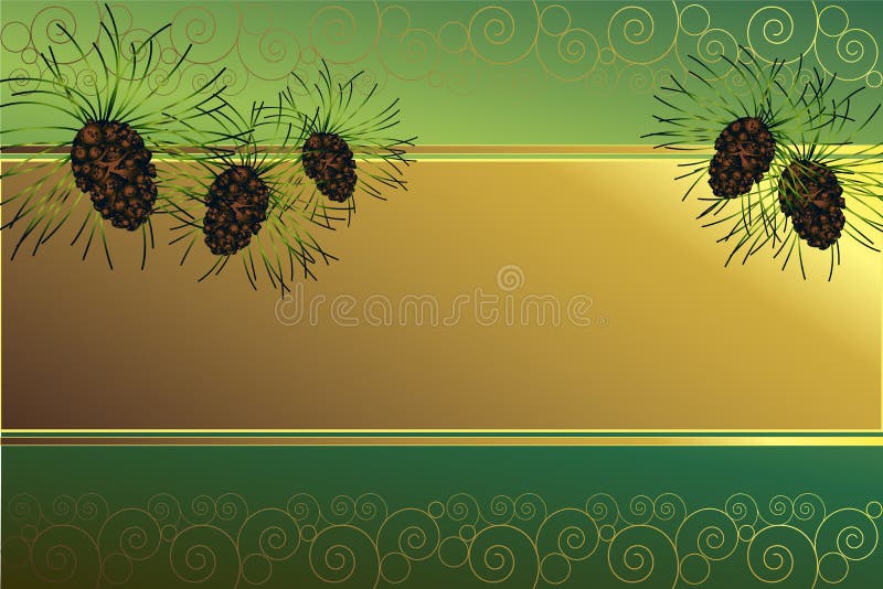 Golde frame on a green background with pine cones and golden spirals. Golde frame on a green background with pine cones and golden spirals