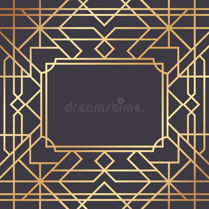 Golden frame with rounded corners framing a dark gray rectangle over a geometric background with golden lines forming a royalty free illustration