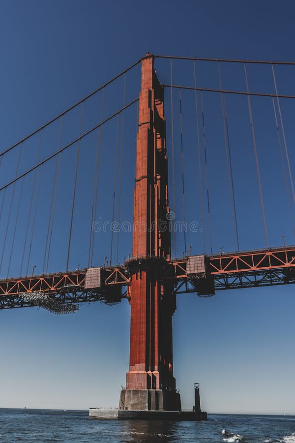 Golden Gate Bridge tower from a boat , San Francisco royalty free stock images