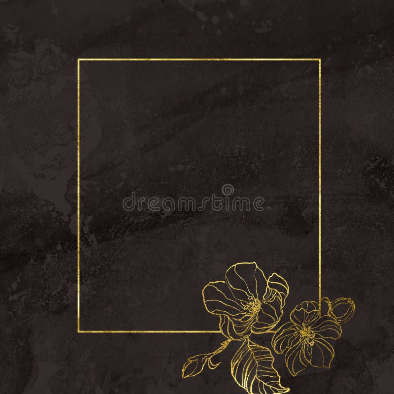 Golden geomertic frame with tender hand painted cherry flowers on brown textured background. Floral border in art deco style vector illustration Golden geomertic frame with tender hand painted cherry flowers on brown textured background. Floral border in art deco style vector illustration