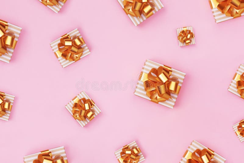 Golden gift or present boxes with bows on pink table top view. Christmas pattern. Flat lay royalty free stock images Golden gift or present boxes with bows on pink table top view. Christmas pattern. Flat lay royalty free stock images