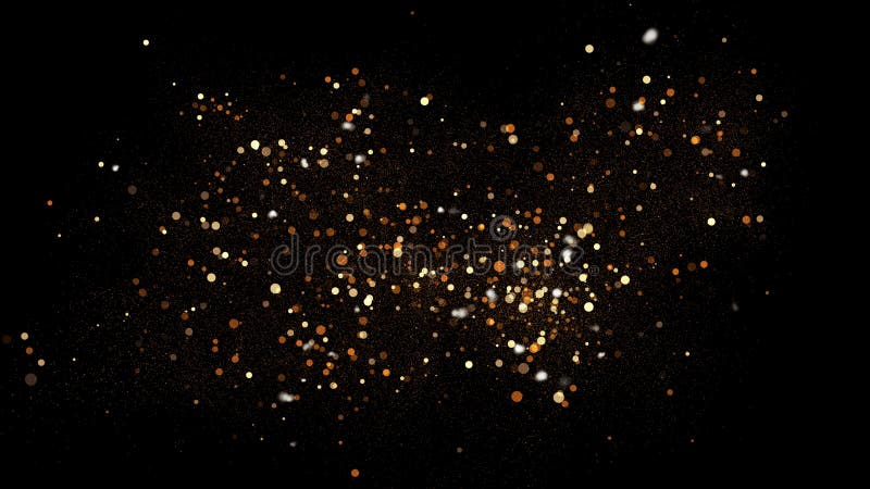 Golden glitter dust on black background. Sparkling splash illustration with gold powder. Bokeh glowing magic mist effect stock image