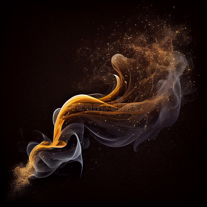 Golden Glitter Dust, Smoke on Black Background Generative AI Stock