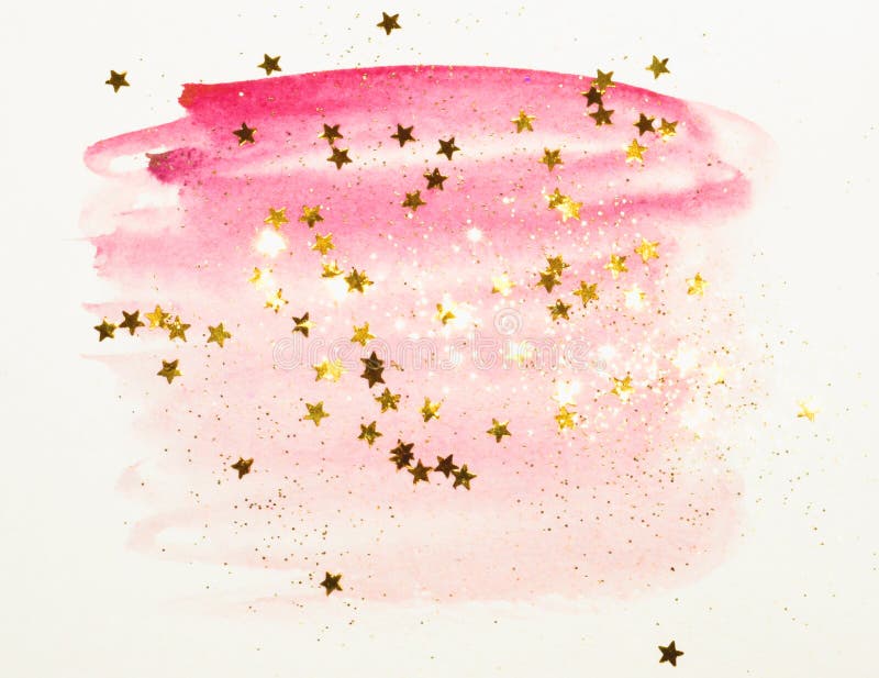 Golden Glitter and Glittering Stars on Abstract Pink Watercolor Splash