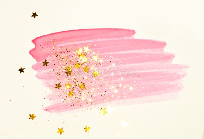 Golden Glitter and Glittering Stars on Abstract Pink Watercolor Splash