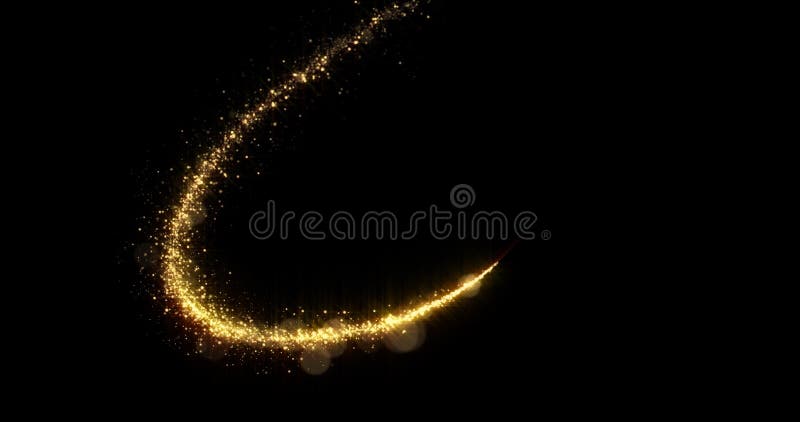 Golden glitter light tail, sparkling shine glow wave. Gold glittering magic shimmer trail, bright light sparks, black background