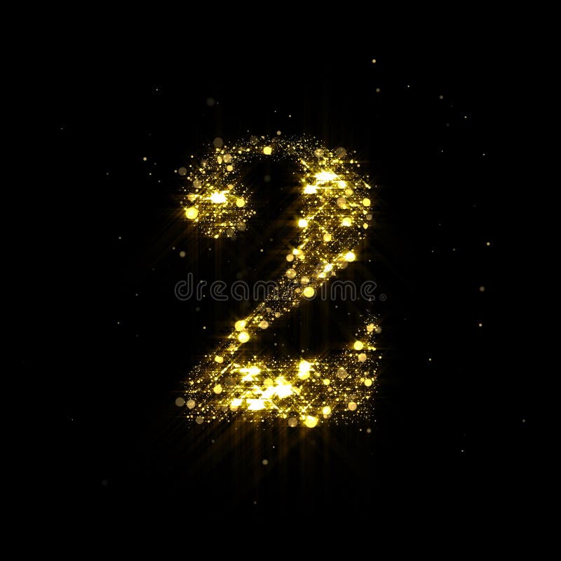 Golden glitter number 2, sparkling gold light and glowing gold particles shine font. Number two of shimmering sequins and glow sparkles on luxury black background