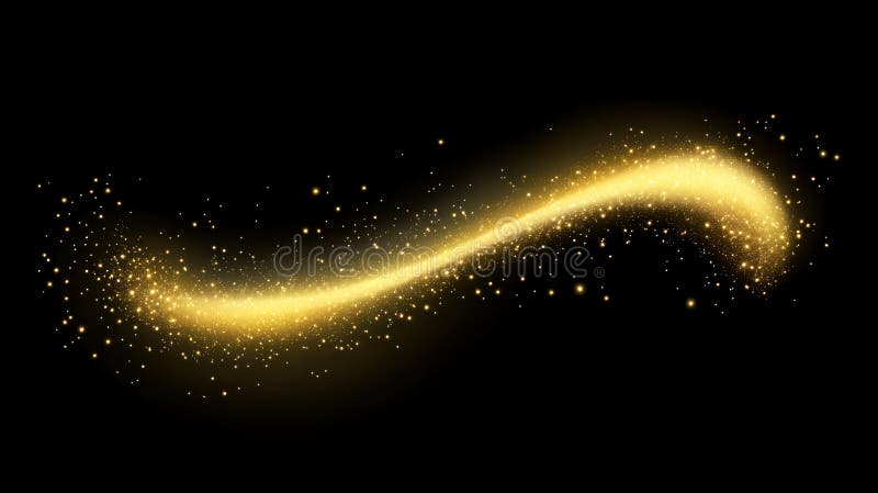 Golden Glitter Swirl Sparkling Trail of Light Dust and Magic on Black Backdrop vector illustration