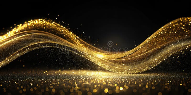 Golden glitter waves on a dark background, shimmering particles create elegant luxury design. Generative AI royalty free illustration