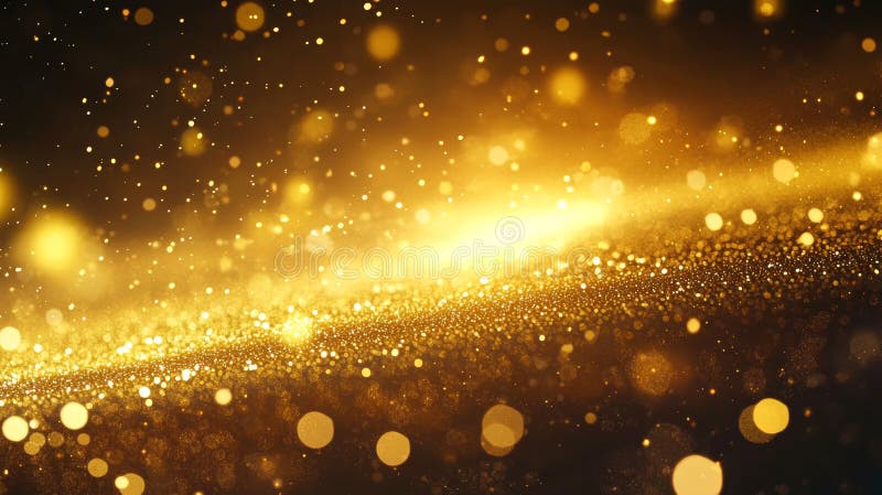 Golden glittering bokeh background with sparkling light particles. Concept of festive celebration, luxury design, abstract stock photography