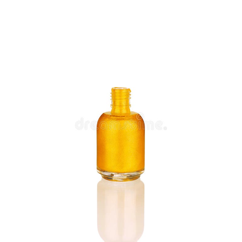 Golden glittering nail polish in opened glass bottle on white background isolated close up, gold color varnish, yellow lacquer