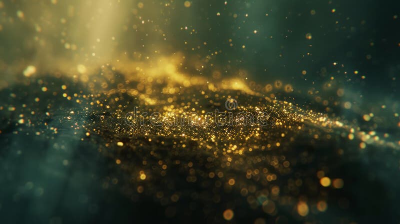 Golden Glittering Particle Stream: Abstract Sparkling Bokeh Background. A shimmering display of golden particles creates an abstract bokeh effect against a dark background. The glittering particles appear to flow and scatter, resembling a stream of light. The vibrant glow contrasts with the deep green and black hues, giving a sense of depth and movement. The soft focus enhances the ethereal and magical ambiance, often used in art and design to convey elegance and luxury.
