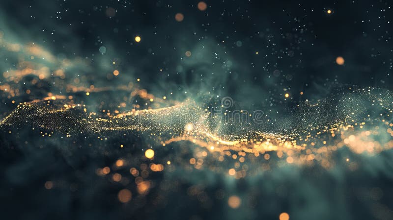 Golden Glittering Particle Wave On Dark Teal Background. Abstract Sparkles Design, Bokeh Effect vector illustration