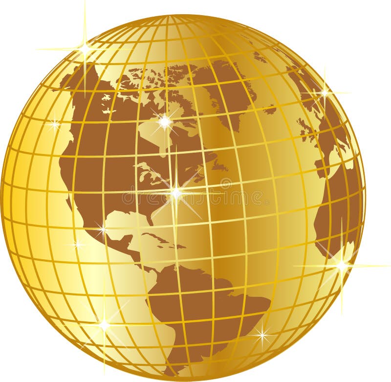 An illustration of a golden globe with longitudinal and latitudinal lines on a white background.