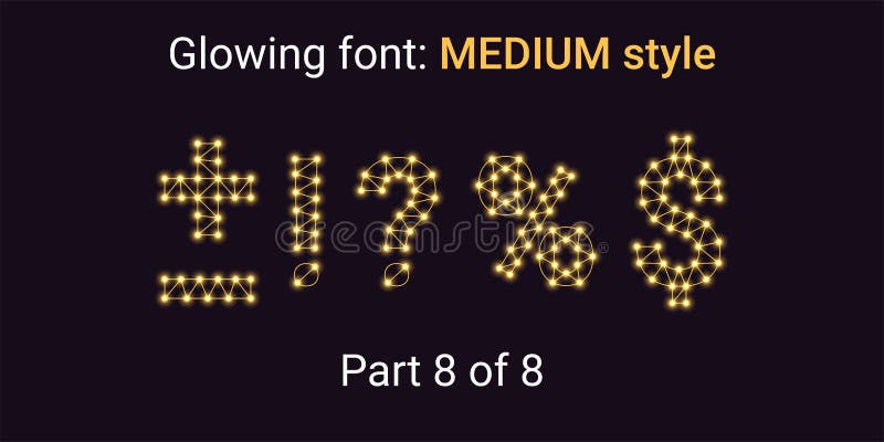 Golden Glowing font in the Outline style. Vector Alphabet with Connections, Lines, Polygonal structure and Glowing knots. Medium style, part 8 with symbols Plus, Minus, Percent, Dollar and other