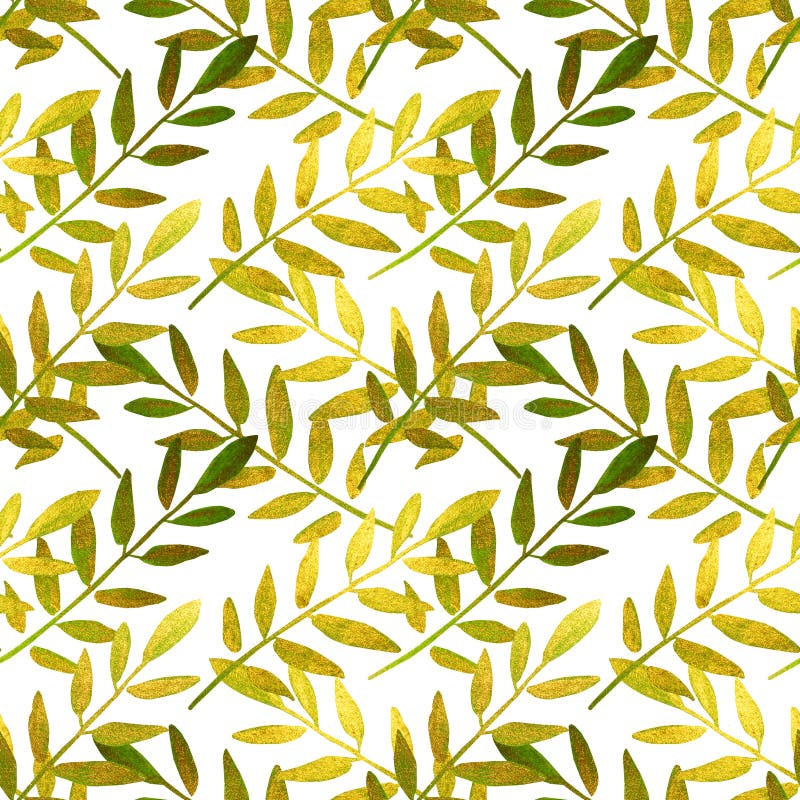 Golden and Green Hand-painted Leaves on White Background, Seamless