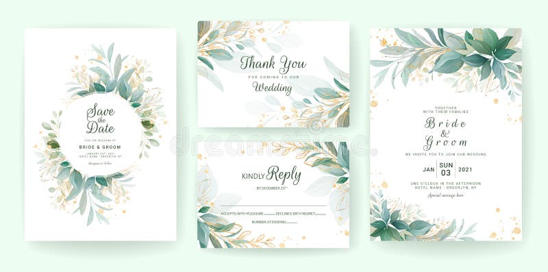 Golden greenery wedding invitation template set with leaves, glitter, frame, and border. Floral decoration vector for save the