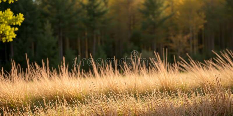 Golden-grässor i bryggan med skog. Generativ AI