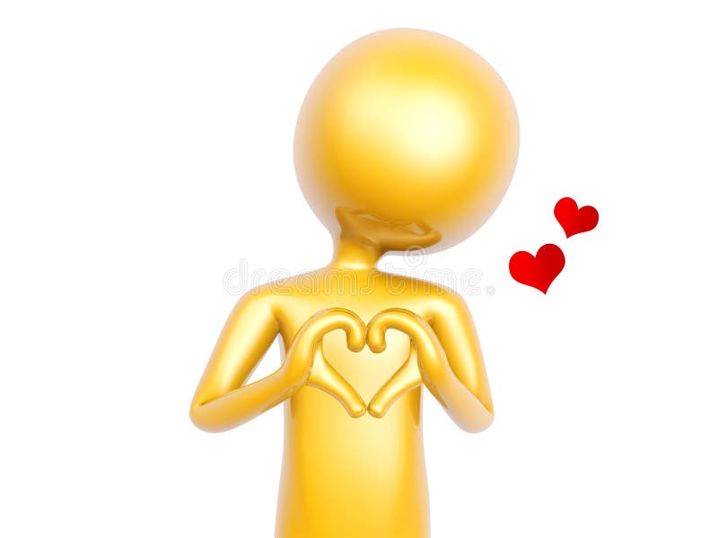 Golden guy make heart love symbol with hands isolated on white