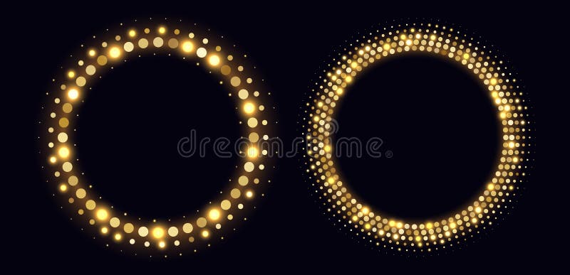 Golden halftone frames, glowing circle borders, round pattern with dots, radial disco luxury design element. vector illustration