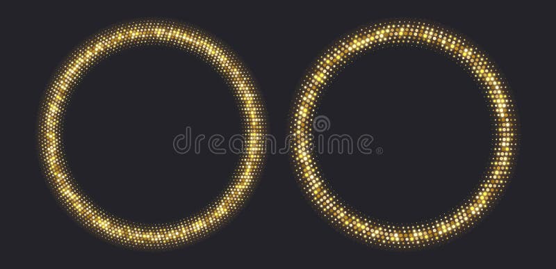 Golden halftone frames, glowing circle borders, round pattern with dots, radial disco luxury design element. vector illustration