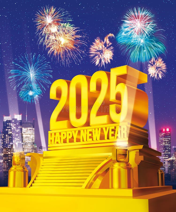 golden-happy-new-year-2025-on-a-platform-against-city-skyline-with-fireworks-celebration-stock