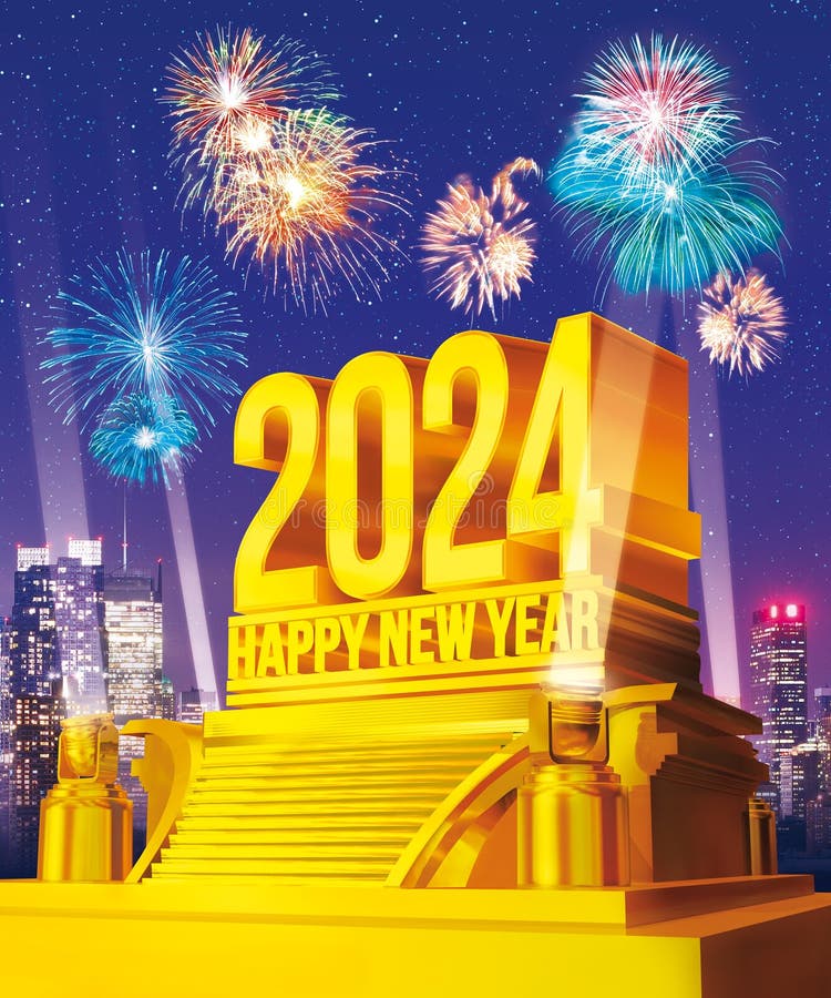 Golden Happy New Year 2024 on a Platform Against City Skyline with