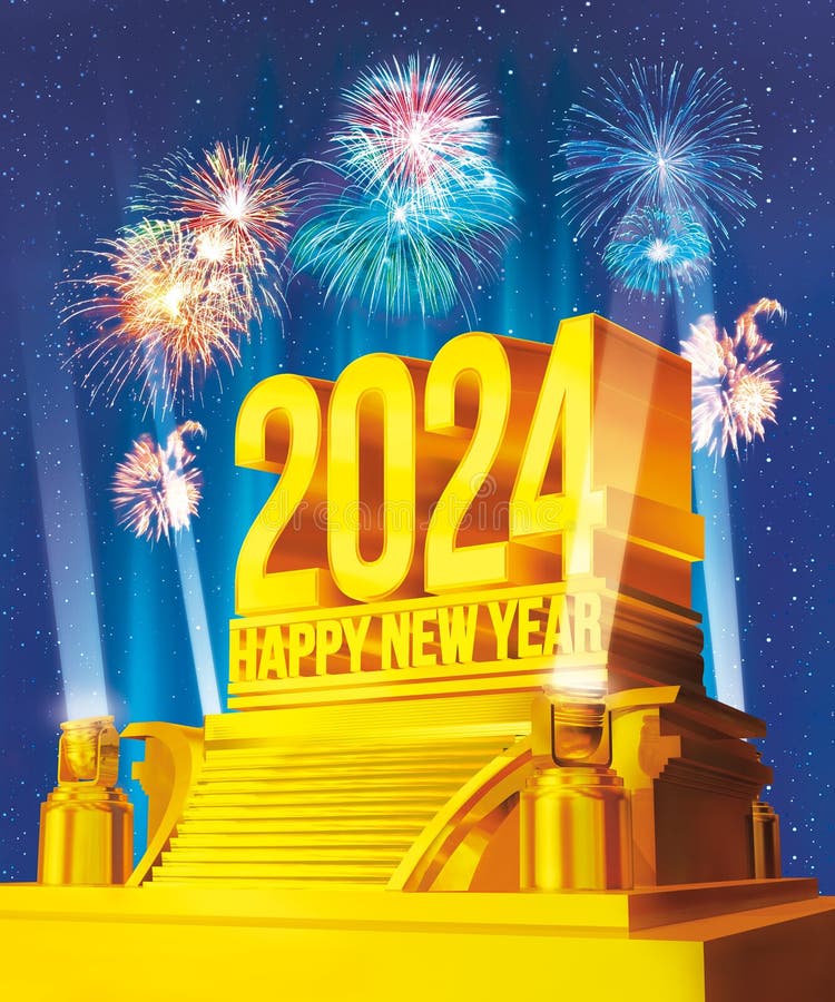 Golden Happy New Year 2024 on a Platform Against Starry Night and