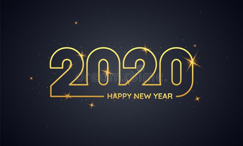 Golden Happy New Year 2020 Text with Lights Effect. On Black Background stock illustration