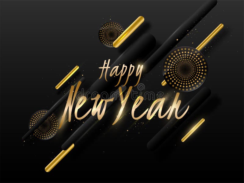 Golden Happy New Year Text with Woofer`s and Abstract Elements Decorated on Black Background