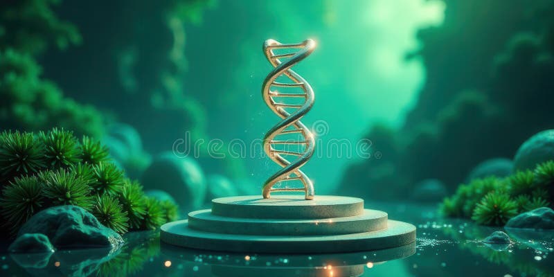 Golden helix av livet en mystisk återgivning av genetisk kod på en serenplattform i en förtrollande grove. Generativ AI stock illustrationer