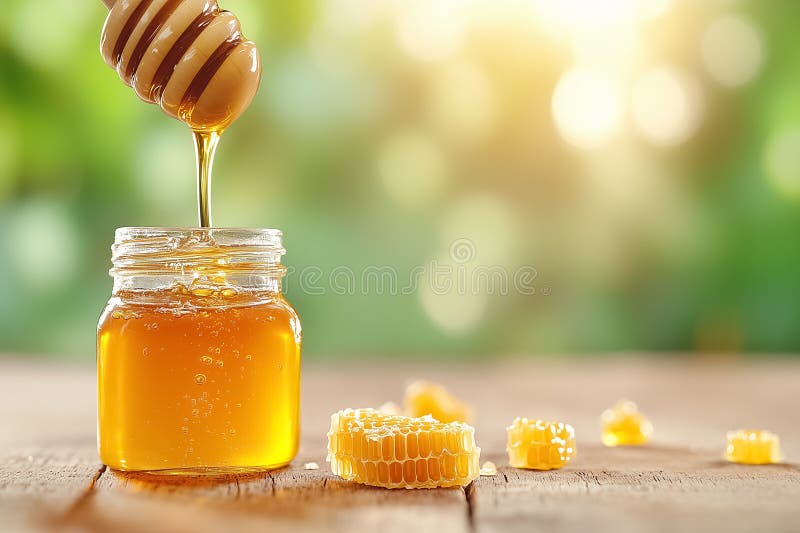 Golden honey flows from a dipper into clear jars, surrounded by scattered honeycomb pieces on a rustic wooden table stock photography