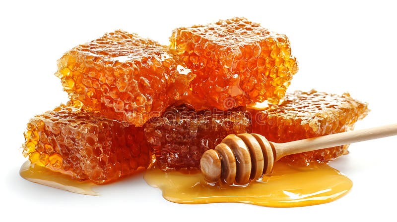 Golden honeycomb chunks glisten with sticky, viscous honey, displaying a natural stock illustration