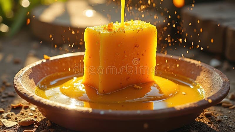 Golden honeycomb dripping with fresh honey in rustic wooden bowl stock photography
