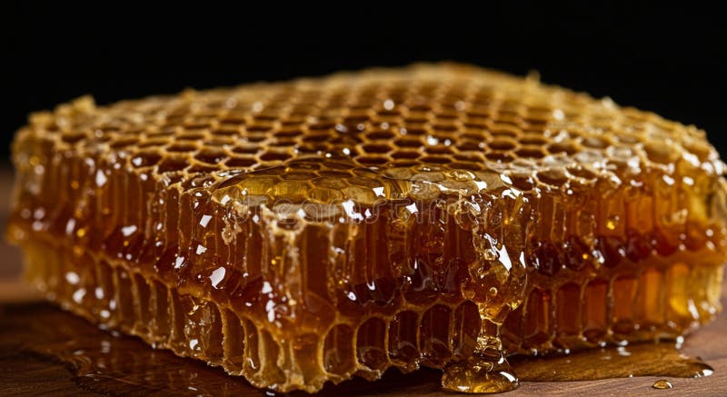 Golden honeycomb glistens with honey, showcasing hexagonal cells. The stock illustration
