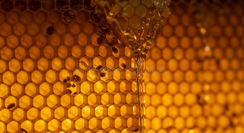 Golden honeycomb with hexagonal cells and glistening honey pouring down. royalty free illustration