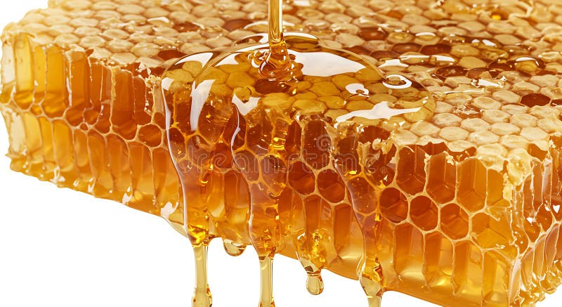 Golden honeycomb with hexagonal cells is shown dripping with fresh honey. The royalty free illustration