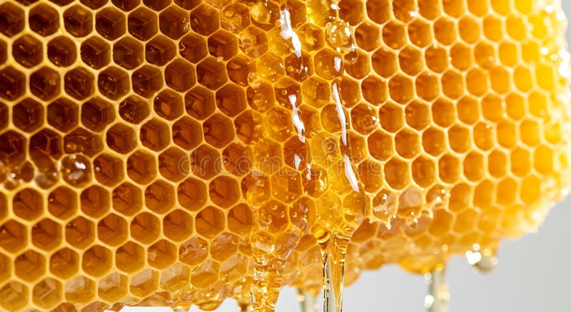 Golden honeycomb with a hexagonal pattern, glistening with thick honey flowing vector illustration