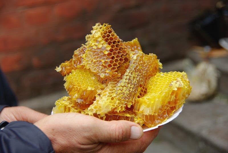 Golden honeycomb with honey royalty free stock image
